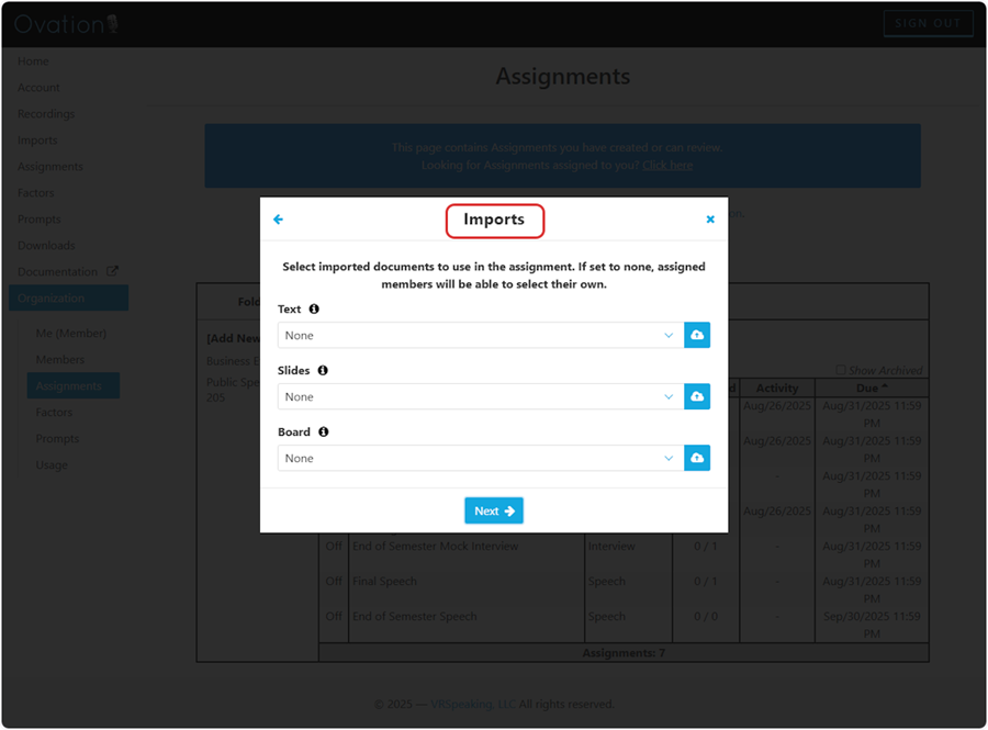 Select which Imports students will have to import to use in the assignment (for example: PPT slides for a final presentation)