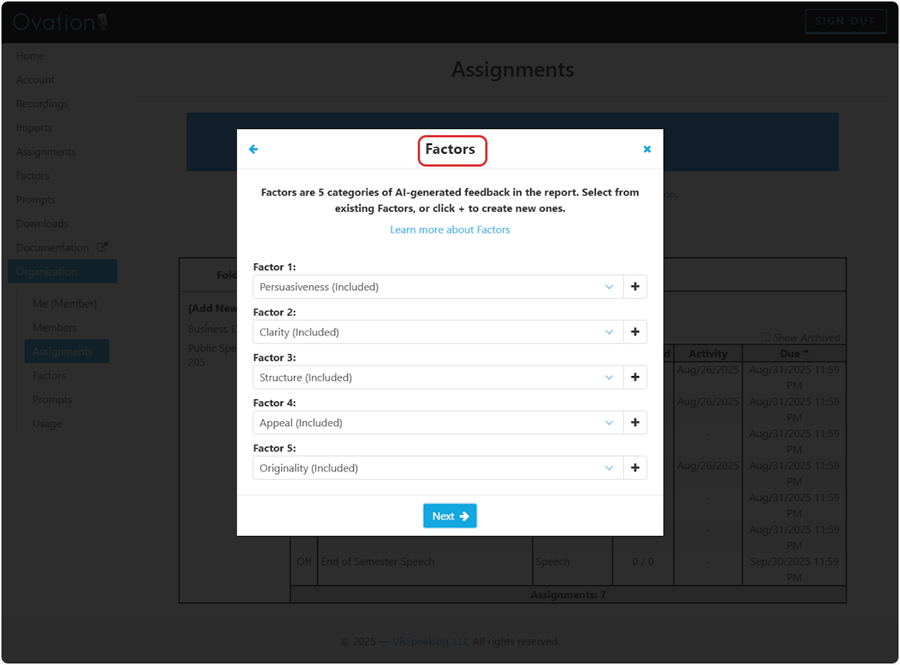 Select which Factors should be analyzed during the speech and generated in the reporting